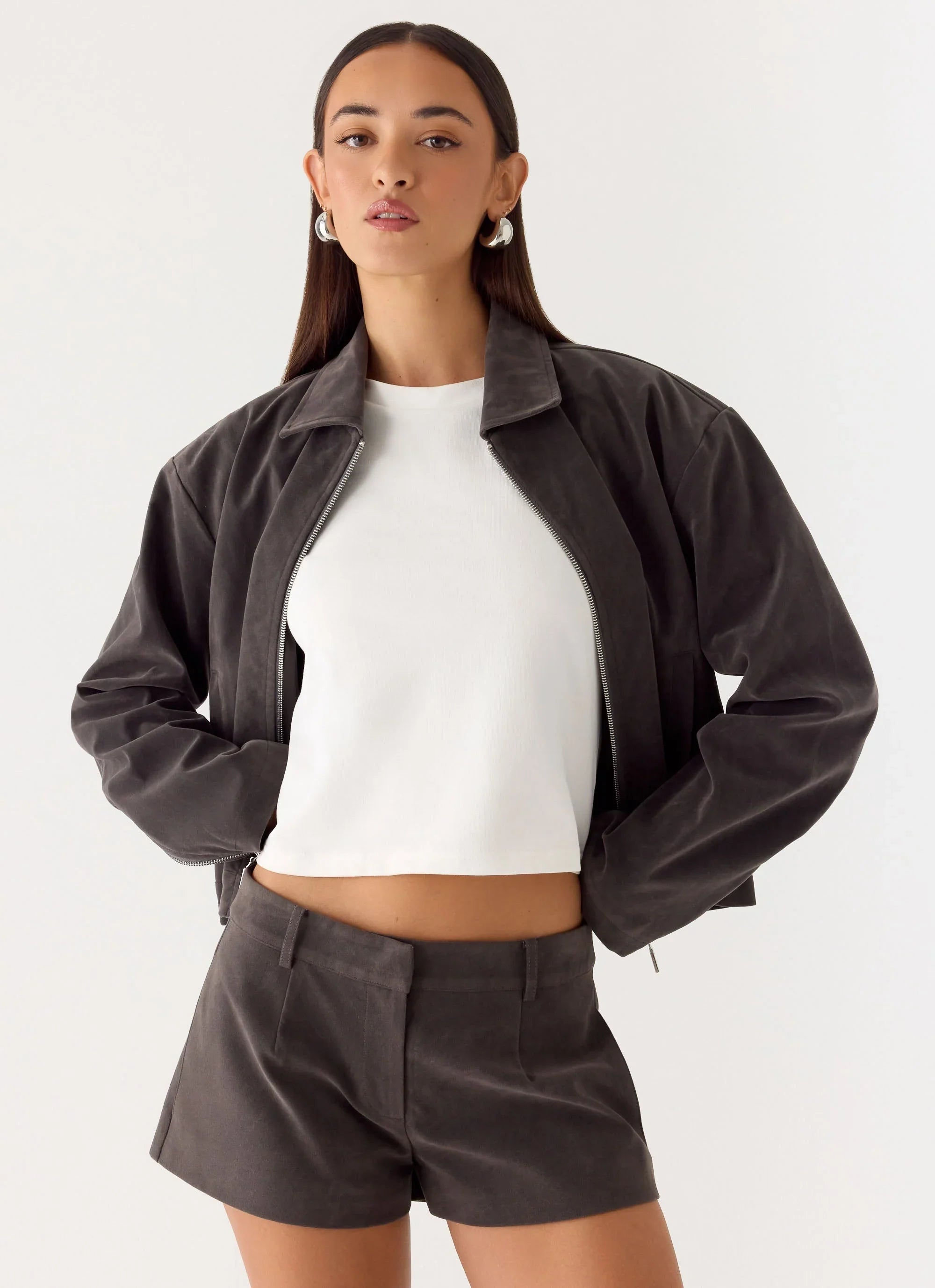 Austina Faux Suede Boxy Jacket - Tan Grey