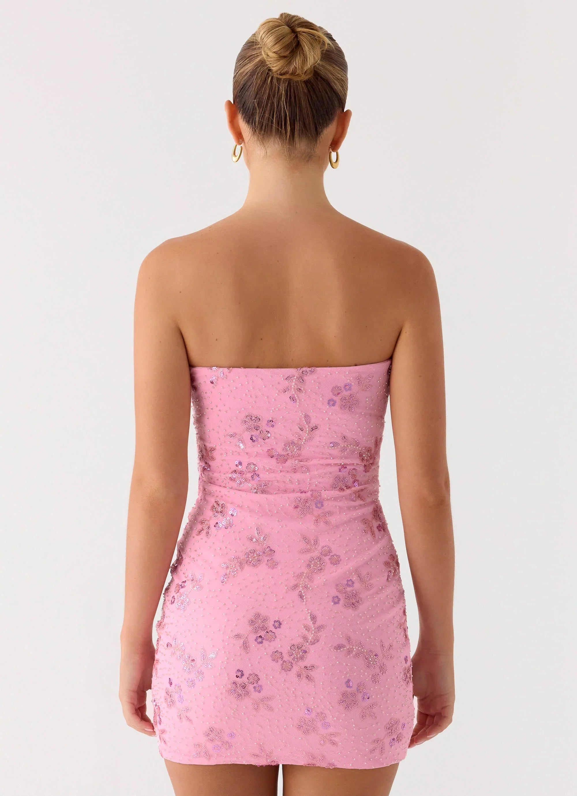 Push Back Beaded Sequin Mini Dress - Pink